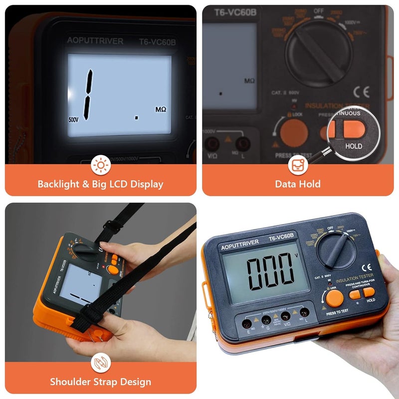 AOPUTTRIVER Megohmmeter 1000V Insulation Resistance Tester, 1999 Counts Megaohm Meter Big LCD Display DCV ACV Megohm Meter DC250/500/1000V, 200MΩ~2000MΩ Resistance Testing with Data Hold Backlit for Motor Cables - Image 4